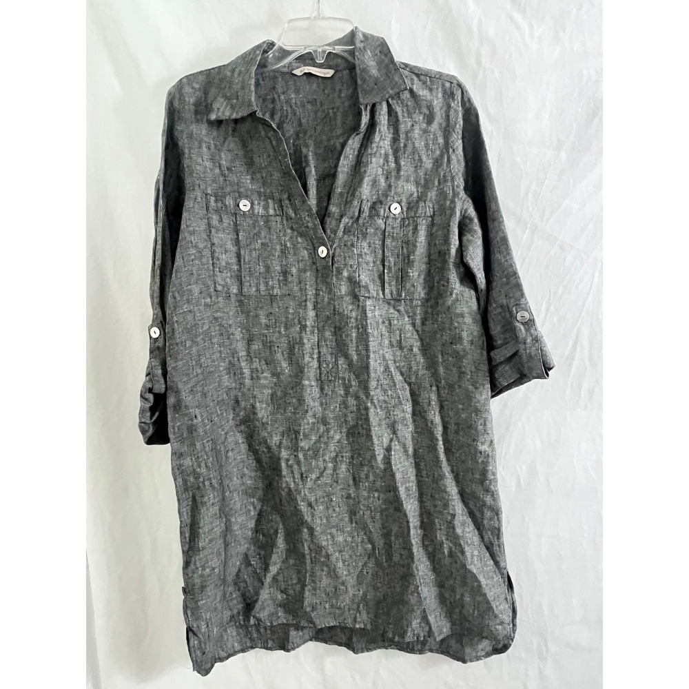 Soft Surroundings Linen Tunic Womens Dress Roll Tab Sleeves Black Large Pullover